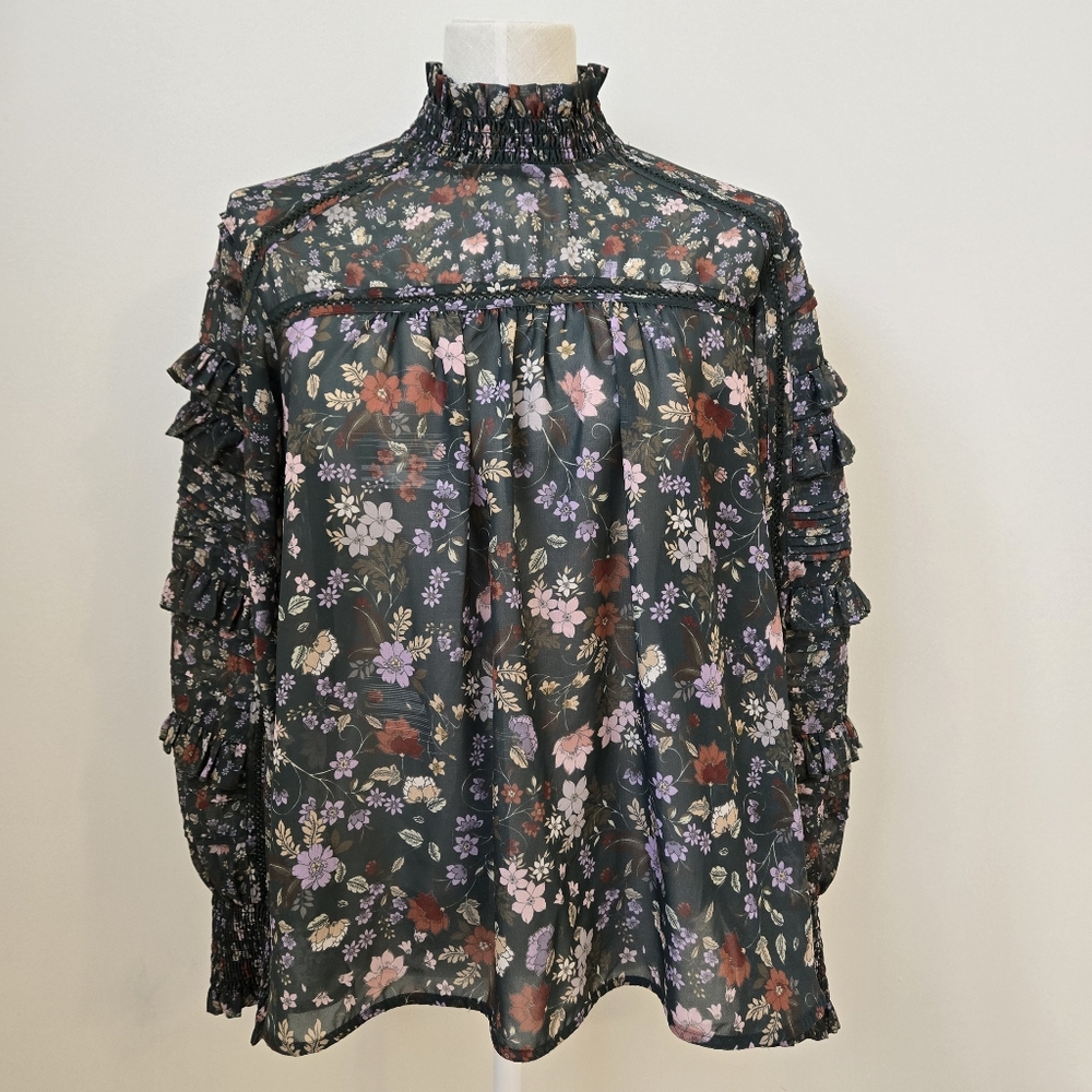 French Connection Black Floral Ruffle High-Neck Blouse